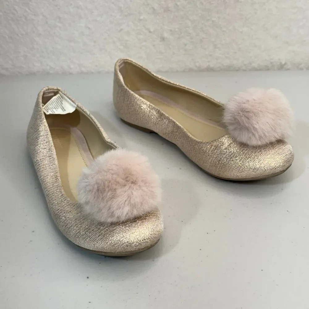 Gymboree Metallic Rose Gold Pink Ballet Flats Fluff Pom-Poms Size 1 Spring Dress